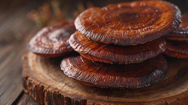 Stacked reishi mushrooms on wooden surface