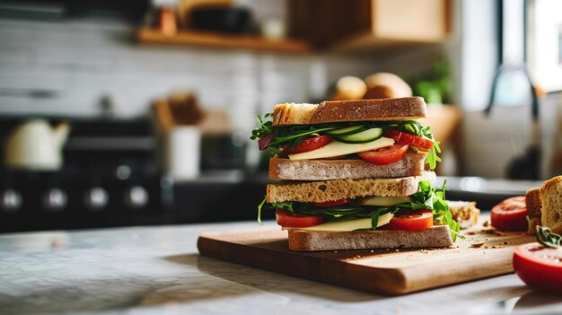 Stacked sandwiches against a modern kitchen counter