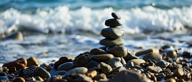 Stacked smooth pebbles on the beach with gentle waves in the background