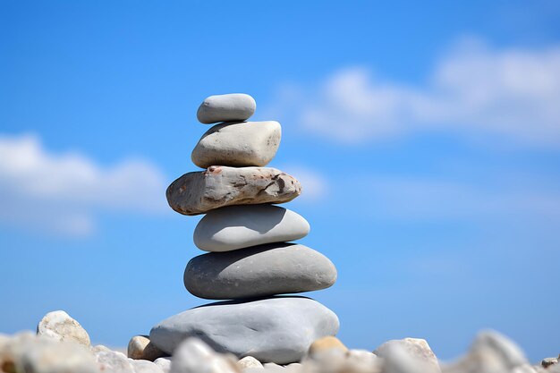 Stacked stones in a cairn against a blue sky