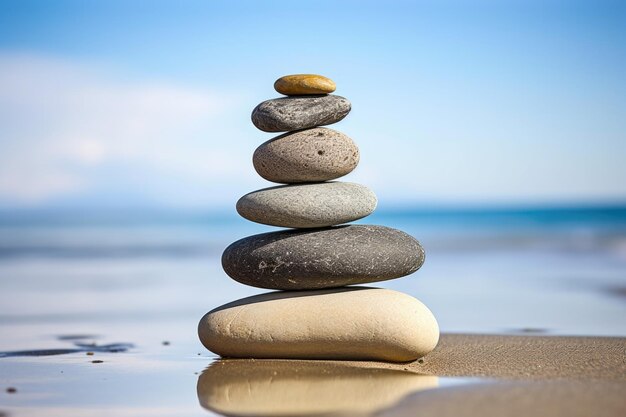 Stacked stones in perfect balance on pebble beach