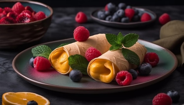 積み重ねられた甘いベリーのパンケーキは、AI によって生成されたグルメな贅沢です