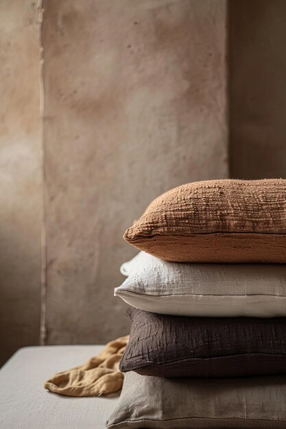 家の装飾やインテリアデザインのアイテムに最適な中性色のテクスチャー付き枕を積み重ねています