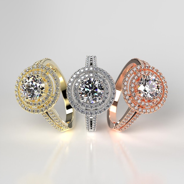 Stacked three metal color double halo ring