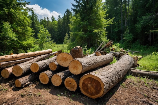 Stacked Timber in Forest Clearing