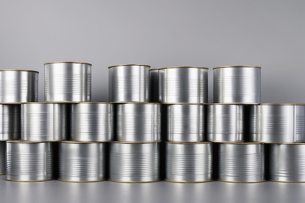 Stacked unopened metal cans on grey background