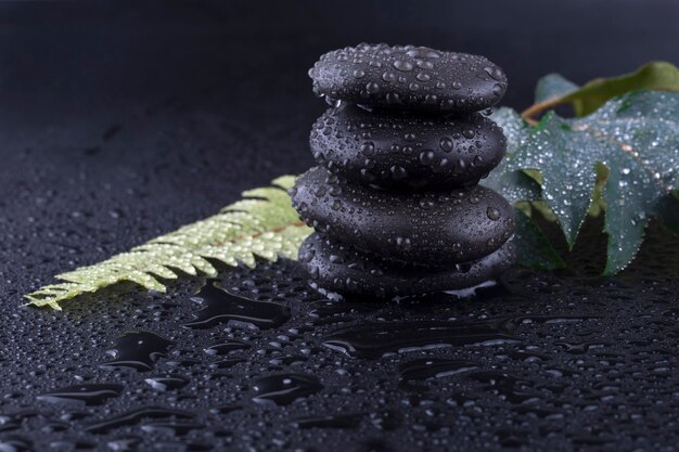 Stacked wet spa stone with green leaf. selective focus.tone image