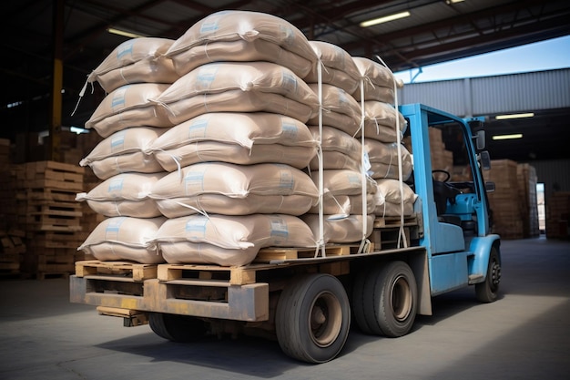 Stacked Wheat Bags Loaded onto Truck for Warehouse Transport AI