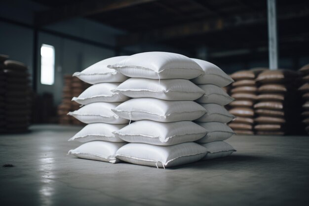 Stacked white sacks in a warehouse Concept of storage and logistics