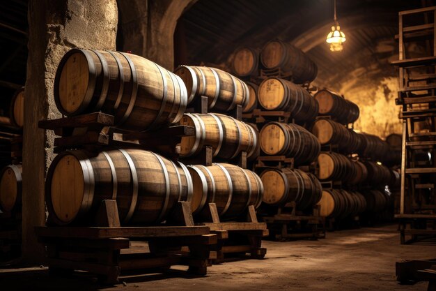 Stacked wine barrels in a winery cellar