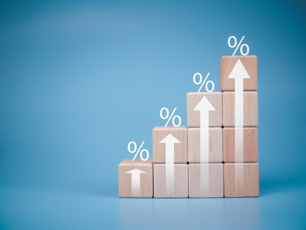 Stacked wooden blocks with percentage icon For special offers of department store discounts