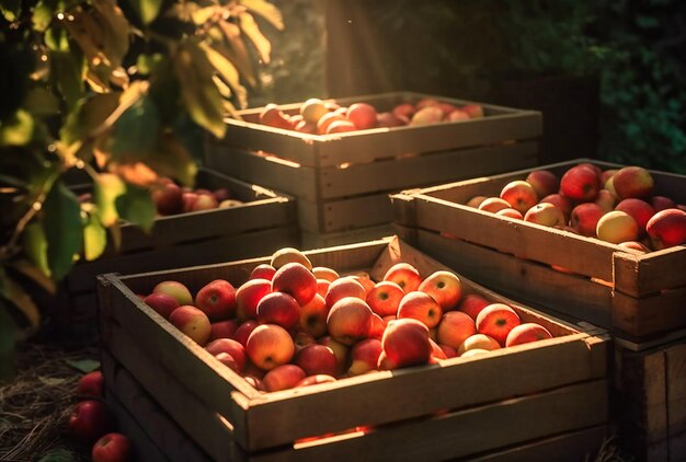 Stacked wooden boxes of apples in the sunlight