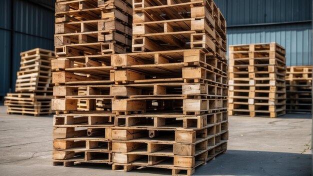 Stacked wooden pallets in industrial setting