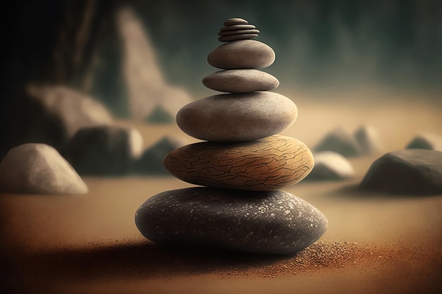 Stacked zen stones sand background art of balance concept. AI Generated