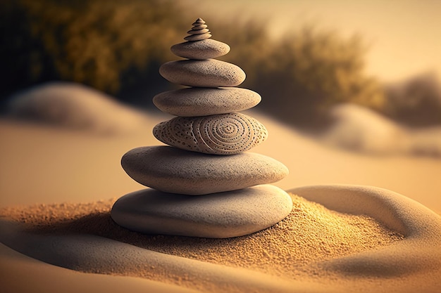 Stacked zen stones sand background art of balance concept. AI Generated