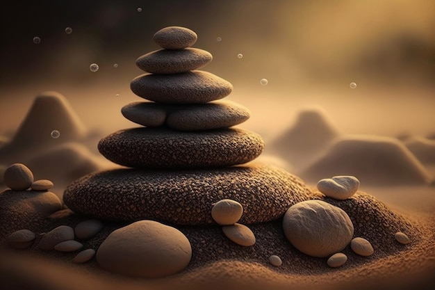 Stacked zen stones sand background art of balance Illustration Generative AI