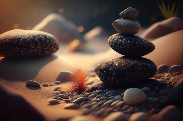 Stacked zen stones sand background art of balance Illustration Generative AI