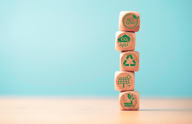 Stacking CO2 reducing Recycle Green factory icon for decrease CO2 carbon footprint and carbon credit to limit global warming from climate change Bio Circular Green Economy concept