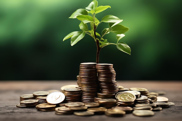 Stacking coins and Trees growing in coin in bokeh background