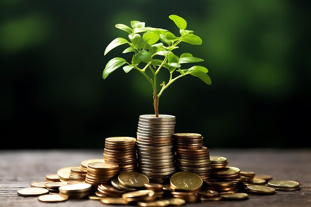 Stacking coins and Trees growing in coin in bokeh background