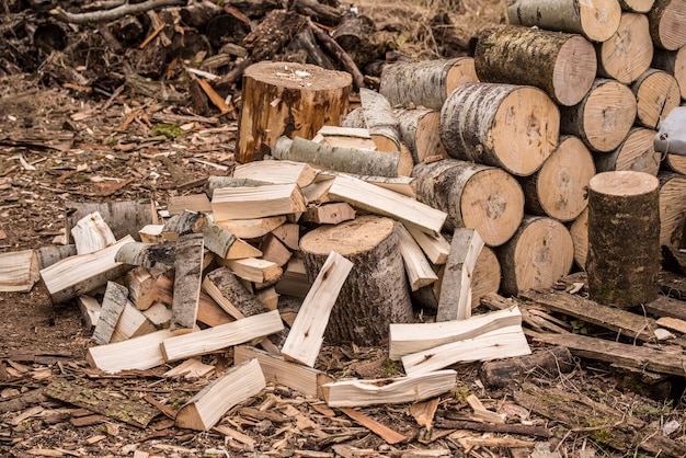 Stacking Firewood. Pile of firewood loggs. Firewood background.