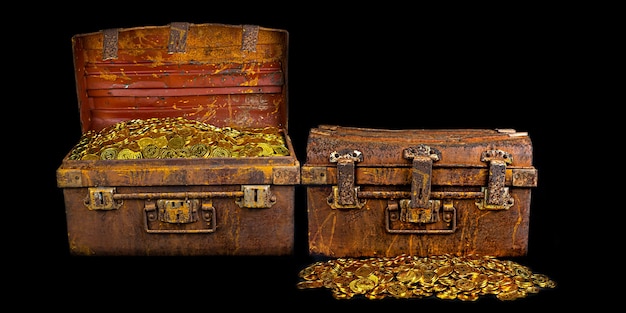 Stacking Gold Coin in treasure chest  old on black background