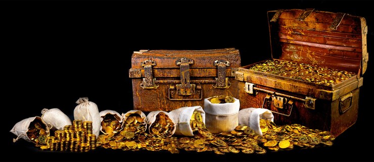 黒の背景に古い宝箱にたくさんの金貨を積み重ねる