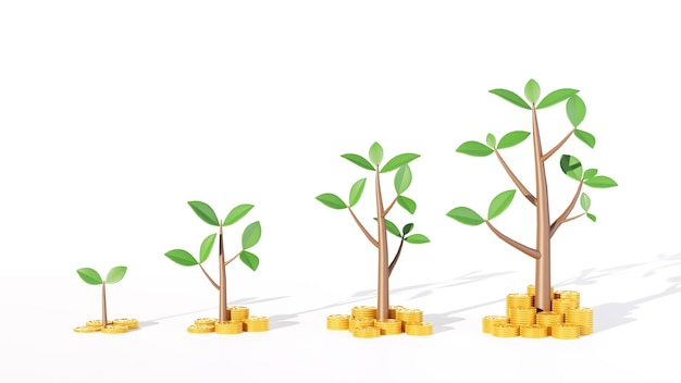 Photo stacking money coins gold and growing tree, saving and business investment concept