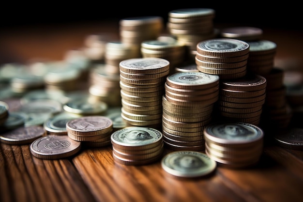 Photo stacks of american one dollar coins on a wooden table