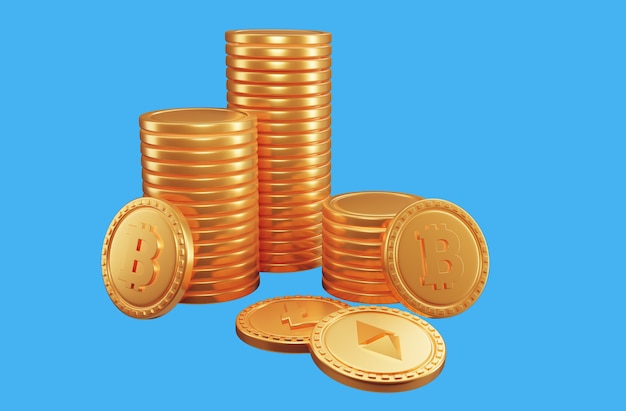 ビットコイン暗号通貨のスタック。 3Dレンダリングイラスト