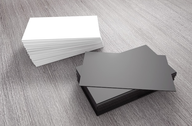 Stacks of Blank Business Cards on a wooden table. 3d Rendering