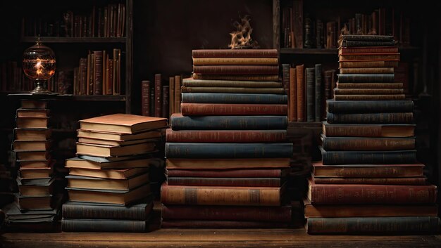 Stacks of Books on Wooden Table