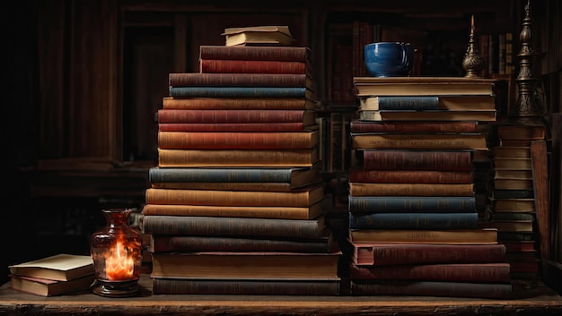 Stacks of Books on Wooden Table