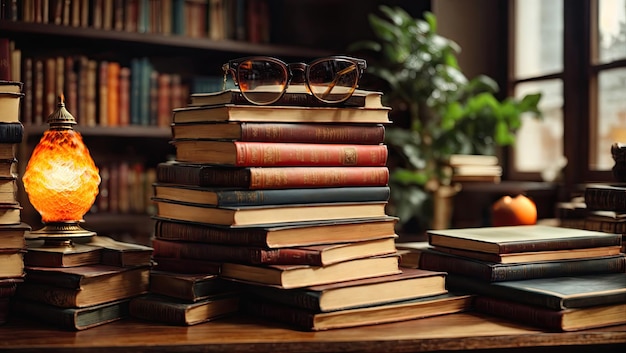 Stacks of Books on Wooden Table