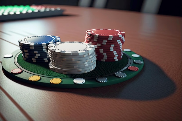 Photo stacks of casino chips on round green tray on table