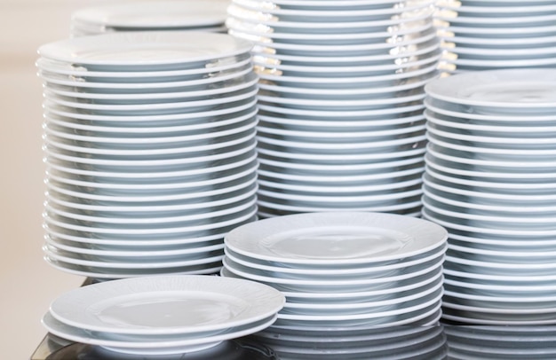 Stacks of clean plates in a restaurant