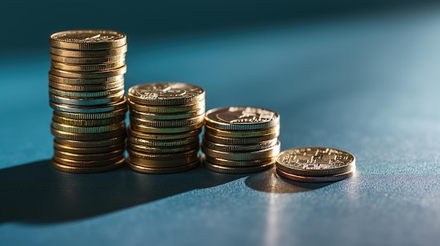 금융 성장을 강조하는 파란색 배경의 동전 더미