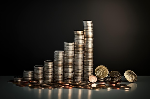 Stacks of coins on black background with copy space business and finance concept