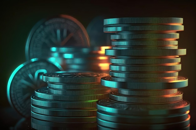 Stacks of coins cryptocurrency on dark background in neon light AI generation