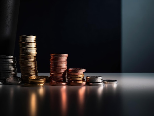 Stacks of coins on a dark background Business and finance concept
