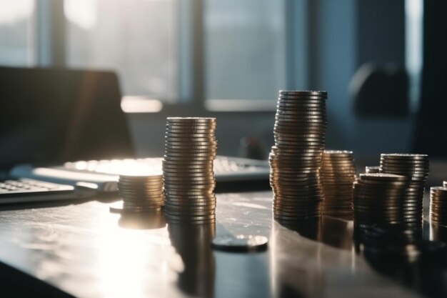 Stacks of coins on a desk with a laptop in the background