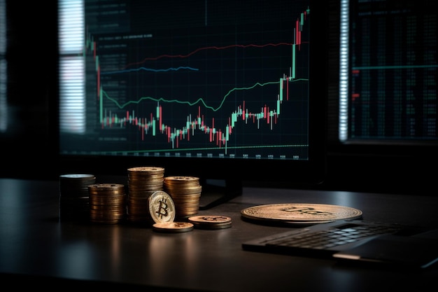 Stacks of coins on a desk with a screen showing a chart of the year 2011.