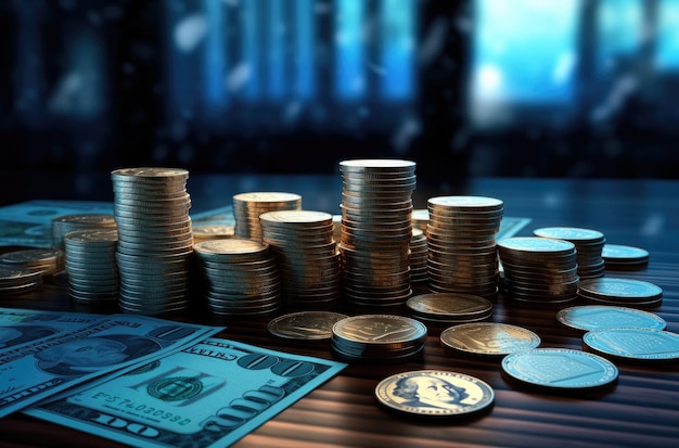 Stacks of coins and dollar banknotes on a dark background