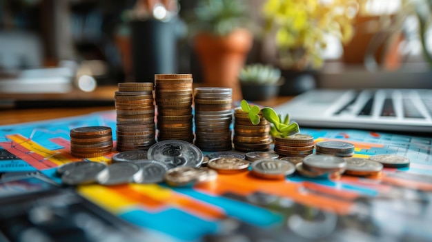 Stacks of coins and growing plants with financial charts representing business growth or investment