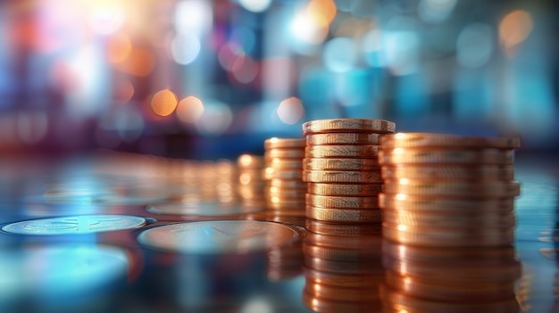 Stacks of coins on reflective surface with city lights bokeh background depicting financial growth investment and wealth accumulation concepts