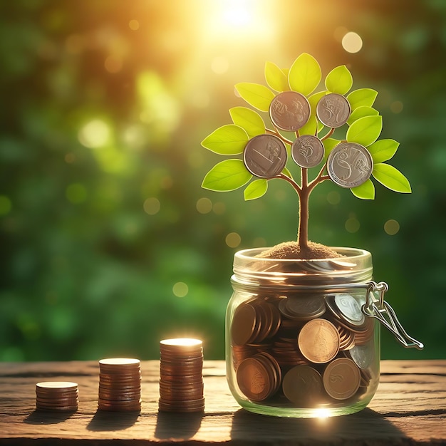 Foto stack di monete e barattolo di risparmio con albero che cresce in cima crescita investimento concetto di profitto