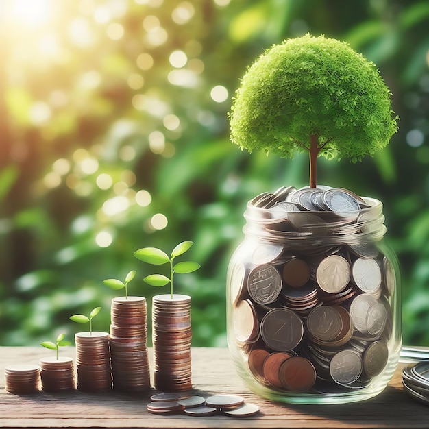 Stacks of coins and savings jar with tree growing on the top growth investing profit concept