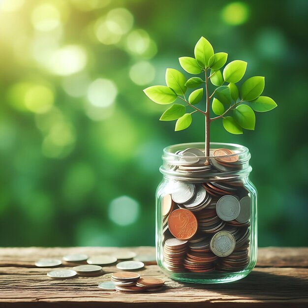 Stacks of coins and savings jar with tree growing on the top growth investing profit concept