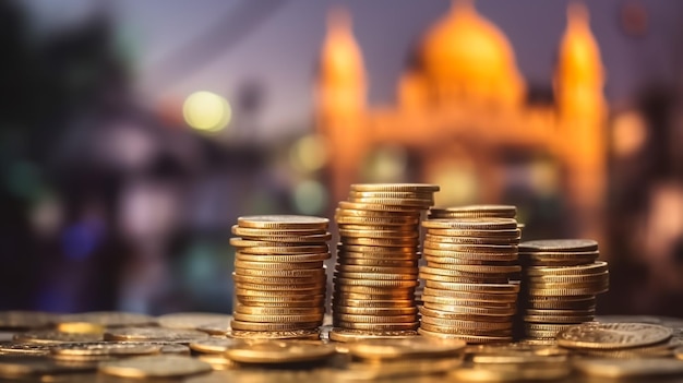 Stacks of coins on a table with a blurry background