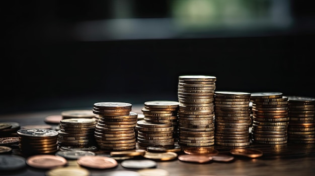 Stacks of coins on a table with one that says'coins '